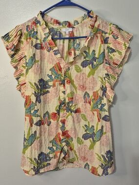 VOY Floral Ruffle Sleeve Blouse Medium Boho Lightweight Textured Top